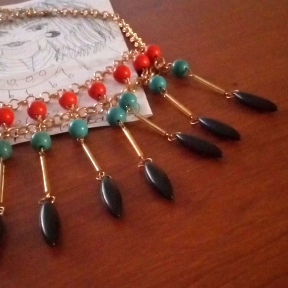 Handmade.Gold/and I black/Blue/Orange Stone Layered Necklace/Dangle Earrings Set - Picture 8 of 10